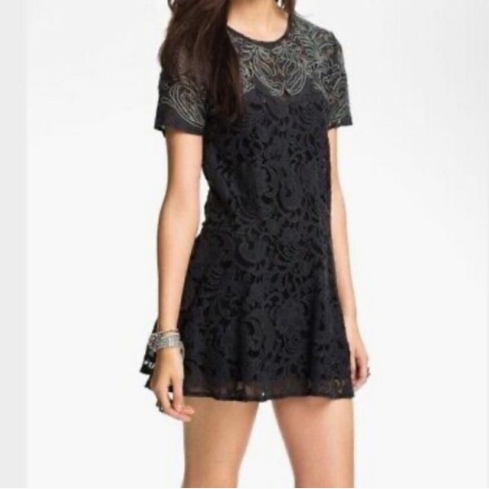 Free People Dreamer Black Floral Lace Mini Dress XSmall